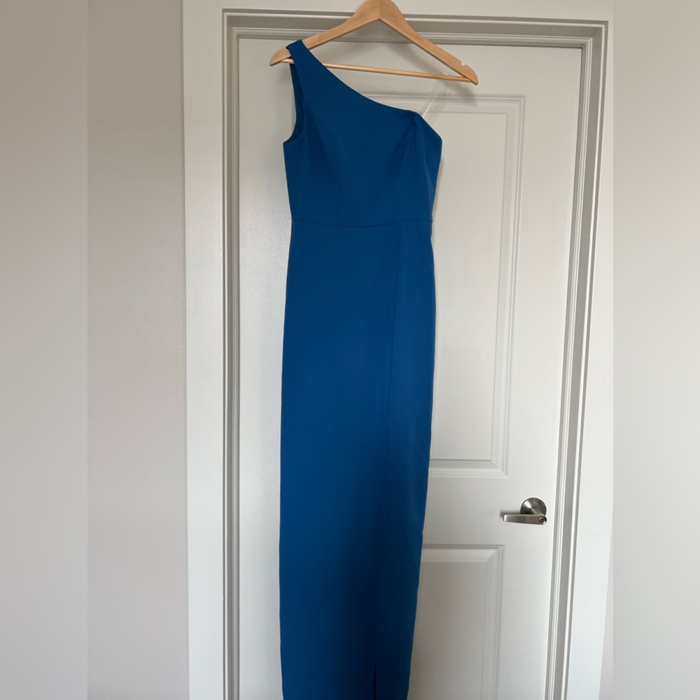 One Shoulder Crepe Trumpet Gown with Front Slit